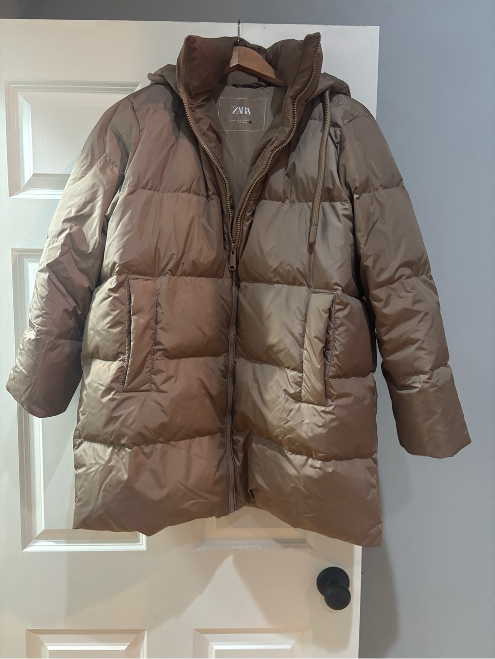 Zara Taupe Quilted Puffer Coat with Hood